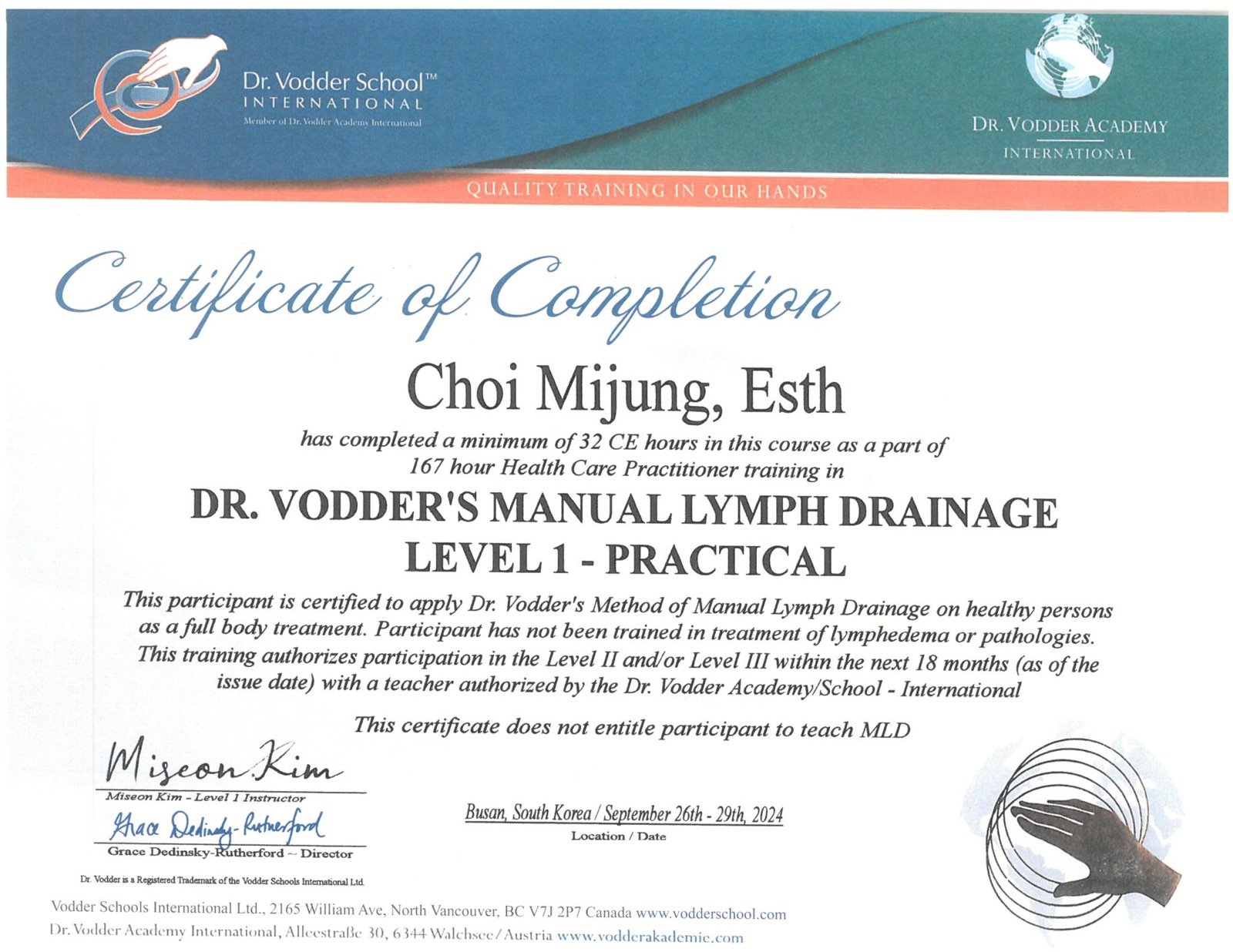 최미정 원장 Dr. Vodder Manual Lymph Drainage Level 1 Practical 과정 이수증 2024
